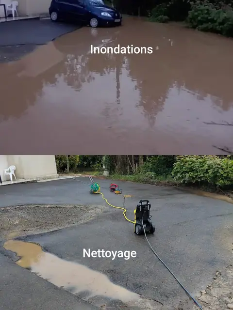 Une cour inondée d’eau boueuse, puis la même cour nettoyée au nettoyeur haute pression