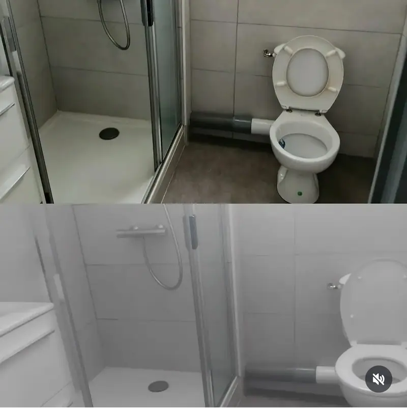 Une salle de bain avec douche et toilettes, en deux photos