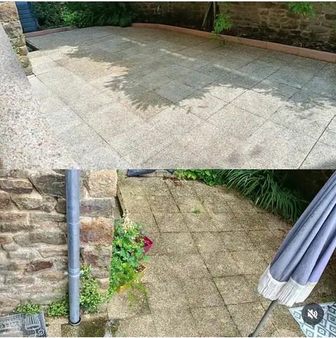 Une terrasse en dalles près d’un mur de pierre, en deux photos