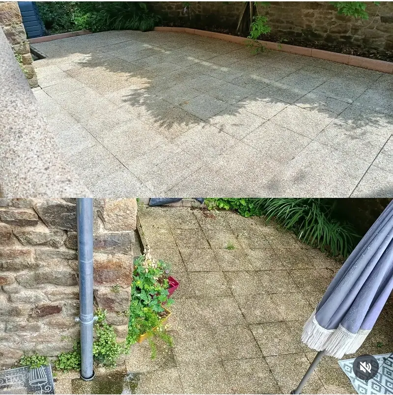 Une terrasse en dalles près d’un mur de pierre, en deux photos