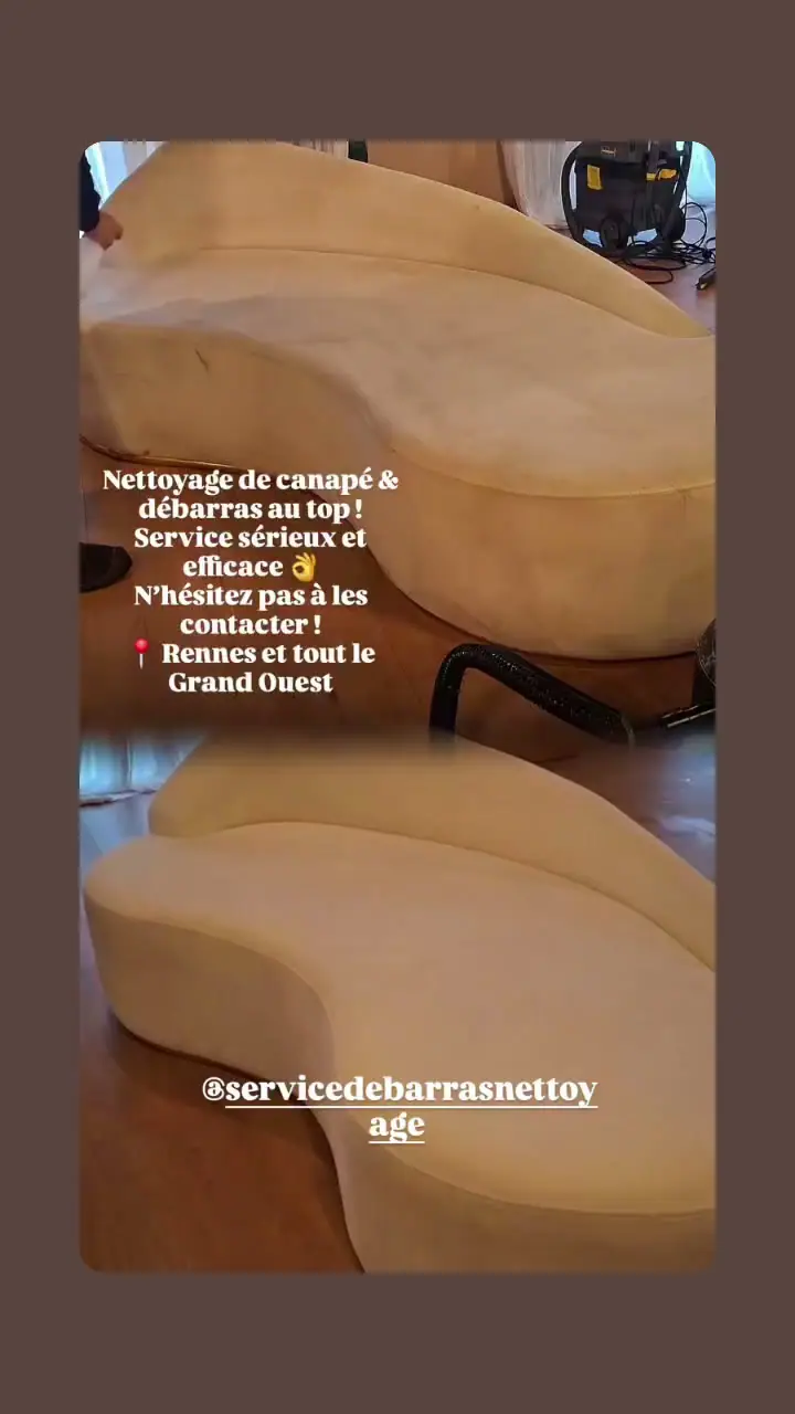Un canapé crème en cours de nettoyage, avec le texte de sa story Instagram